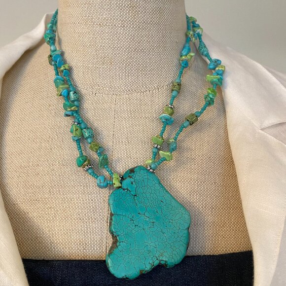 Turquoise Rock Pendant and Double Strand Beaded Necklace - Picture 1 of 6